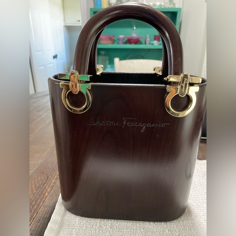 Vintage Salvatore Ferragammo Gancini Brown Wood top handle bucket purse.